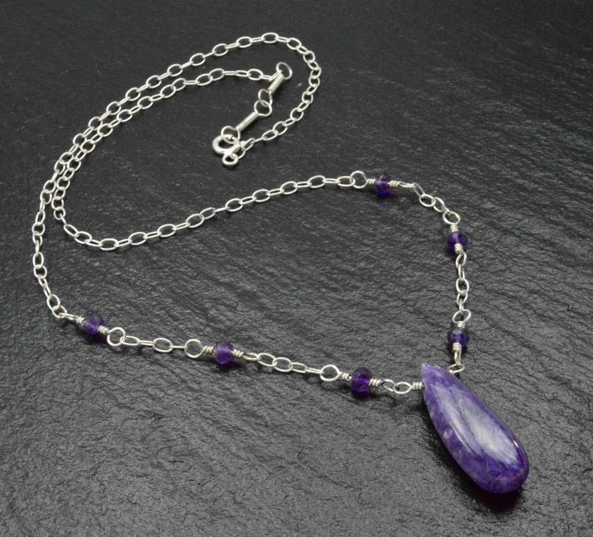 Rare Purple Charoite, Amethyst & Sterling Silver Wire Wrapped Necklace