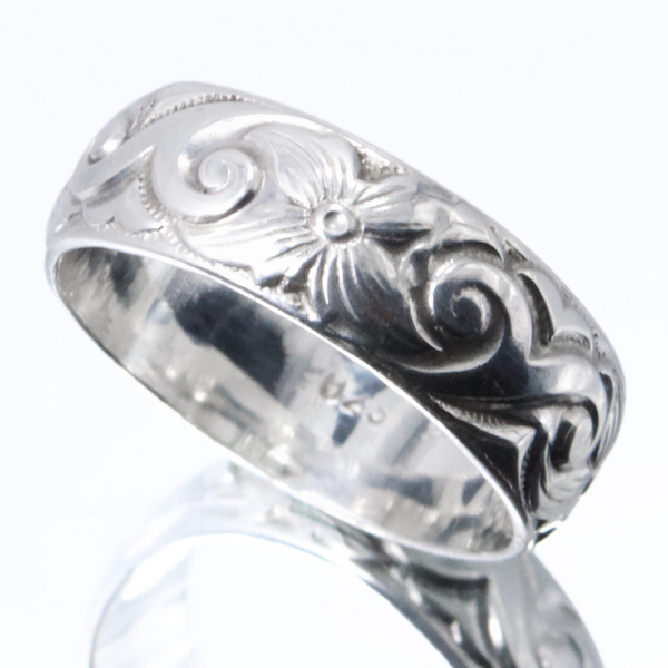 Waves and Flowers pattern ring - Solid Sterling -Made to order
