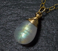 Natural Moonstone Pendant- 14k Gold Filled wire wrapped - W/ 18" Gold Filled Chain