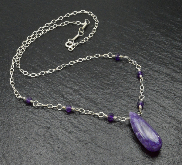 Natural Amethyst Wire Wrap Necklace - Gold | Silver Streak