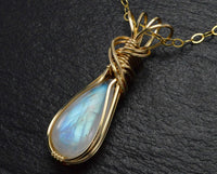 Rainbow Moonstone & 14k Gold Filled Wire Wrapped Pendant with 18 Inch Chain - Handmade in Alaska