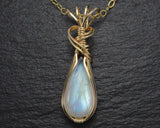 Rainbow Moonstone & 14k Gold Filled Wire Wrapped Pendant with 18 Inch Chain - Handmade in Alaska