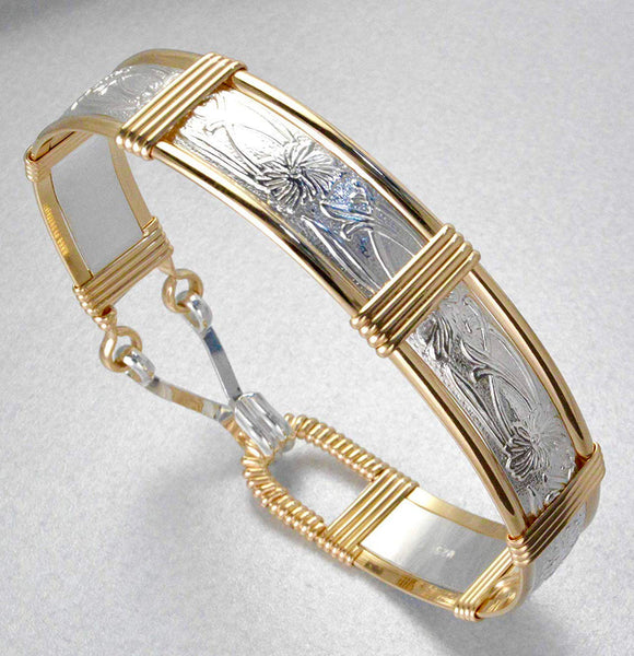 Handmade 14k Gold Filled and Sterling Silver Bracelet - Art Nouveau Floral Pattern