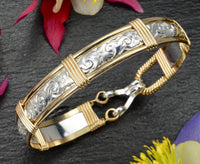 Handmade 14k Gold Filled and Sterling Silver Wire Wrapped Bracelet - Waves & Flowers Pattern